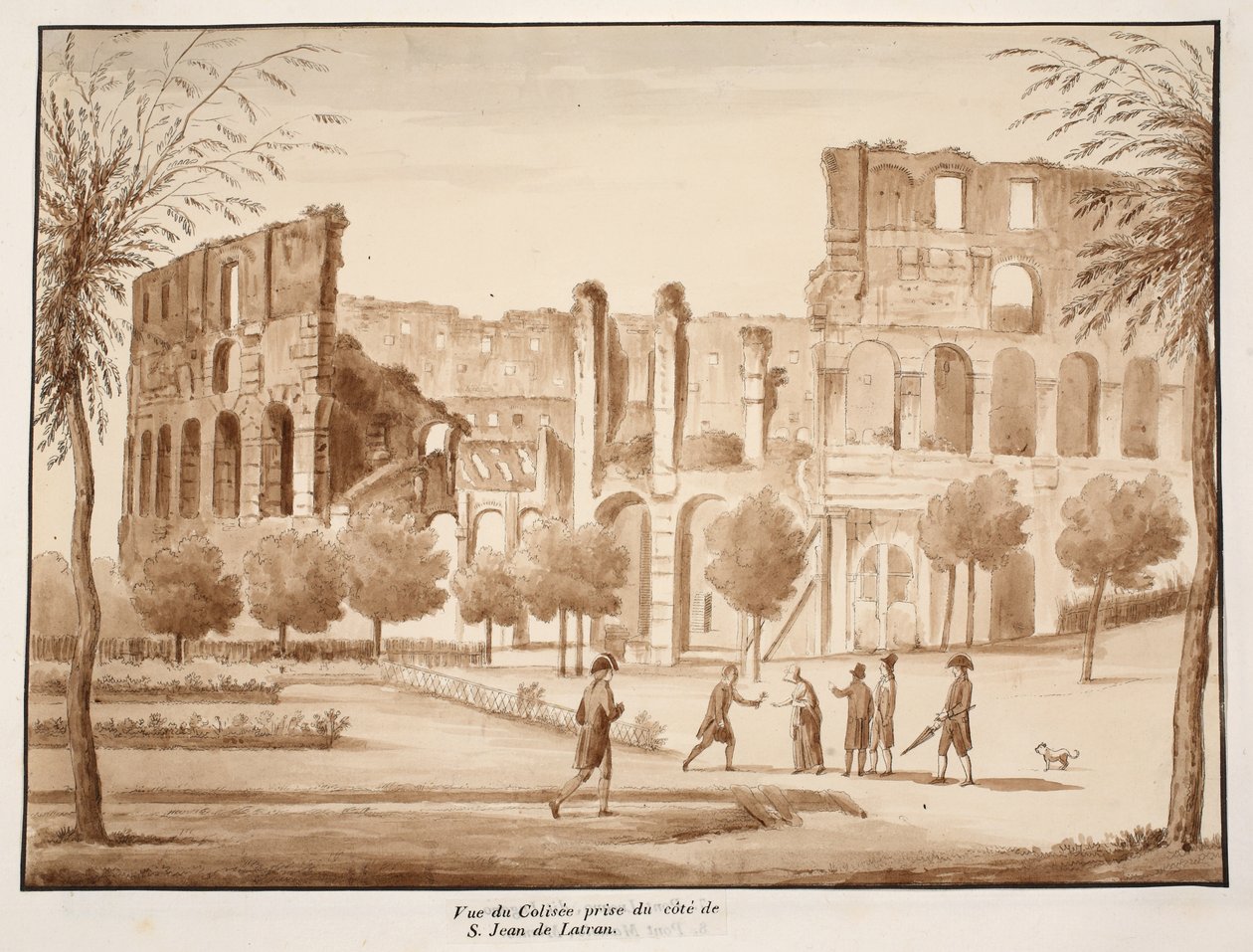 Vista do Coliseu do lado de São João de Latrão, 1833 (gravura com lavagem marrom) de Agostino Tofanelli