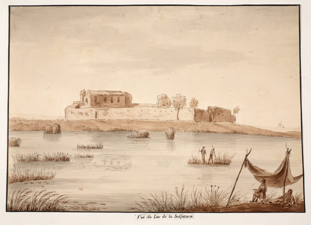 Vista do lago de Solfatura, 1833 (gravura com lavagem marrom) de Agostino Tofanelli
