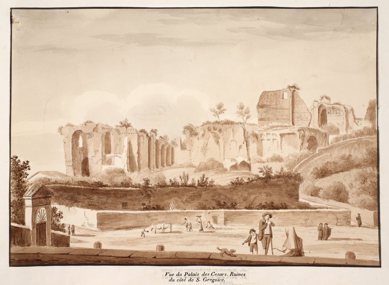 Vista do Palácio dos Caesars visto da Via di San Gregorio, 1833 (gravura com lavagem marrom) de Agostino Tofanelli