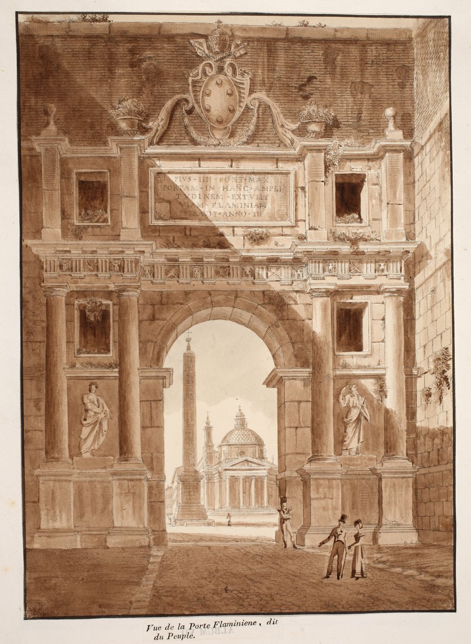 Vista da Porta Flaminia, ou Porta del Popolo, 1833 (gravura com lavagem marrom) de Agostino Tofanelli