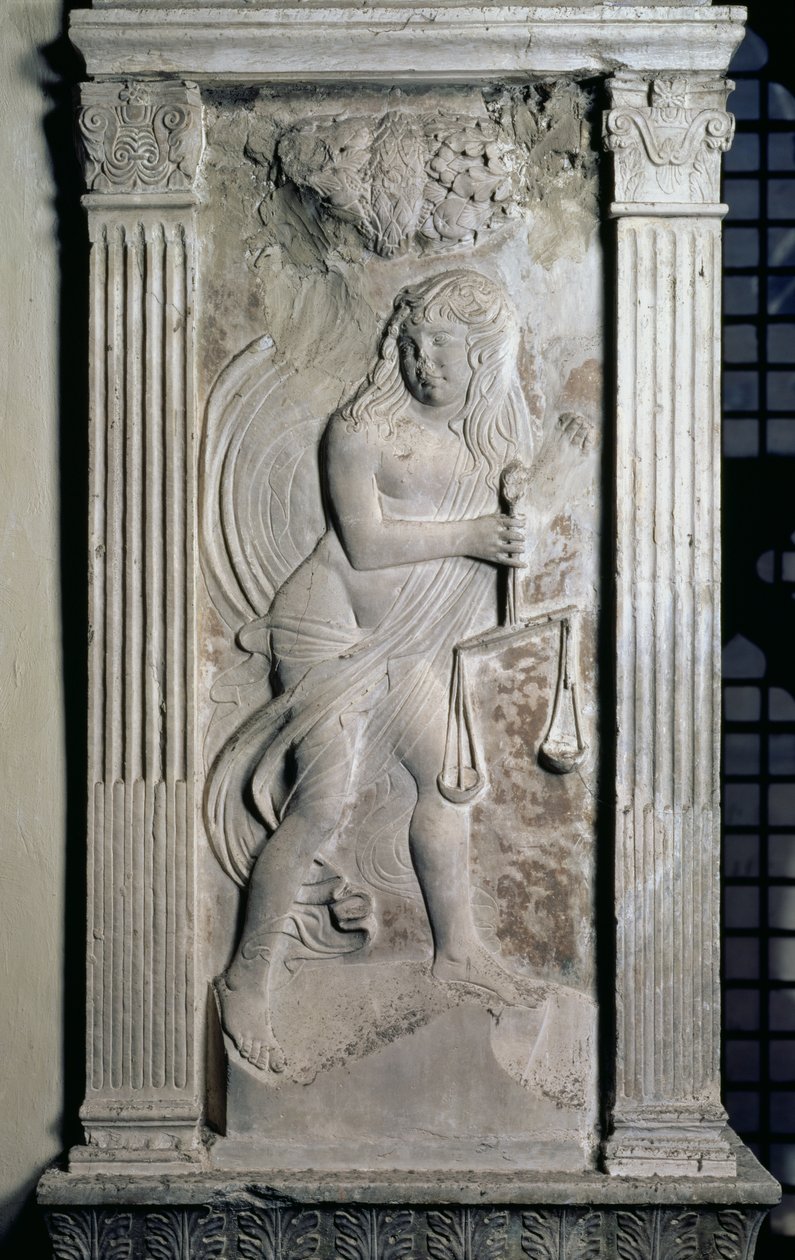 Libra representada por uma balança de juventude, de uma série de relevos representando os símbolos e signos planetários do zodíaco, c.1450 (gesso) de Agostino di Duccio