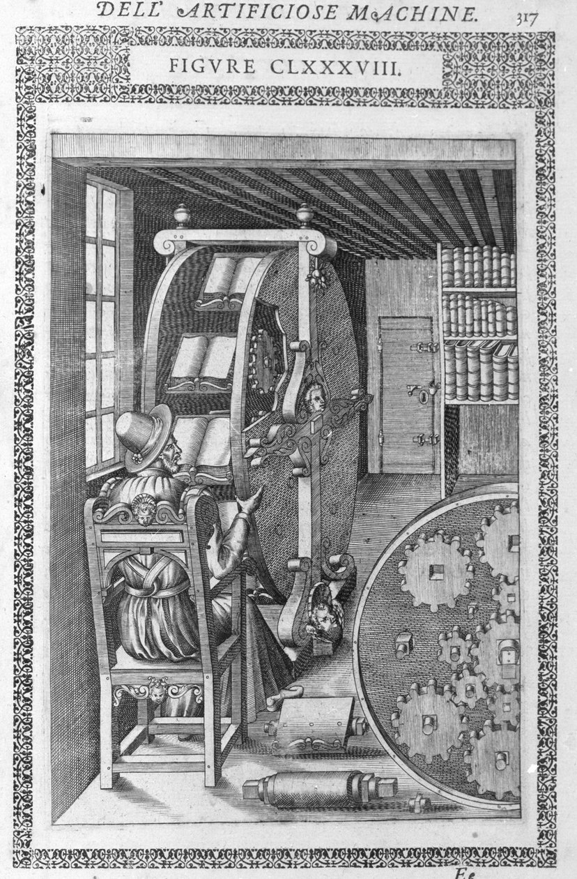 Biblioteca automática. Baseado em um projeto de Agostino Ramelli em "Máquinas Diversas e Artificiais" e Milão 1600. de Agostino (after) Ramelli