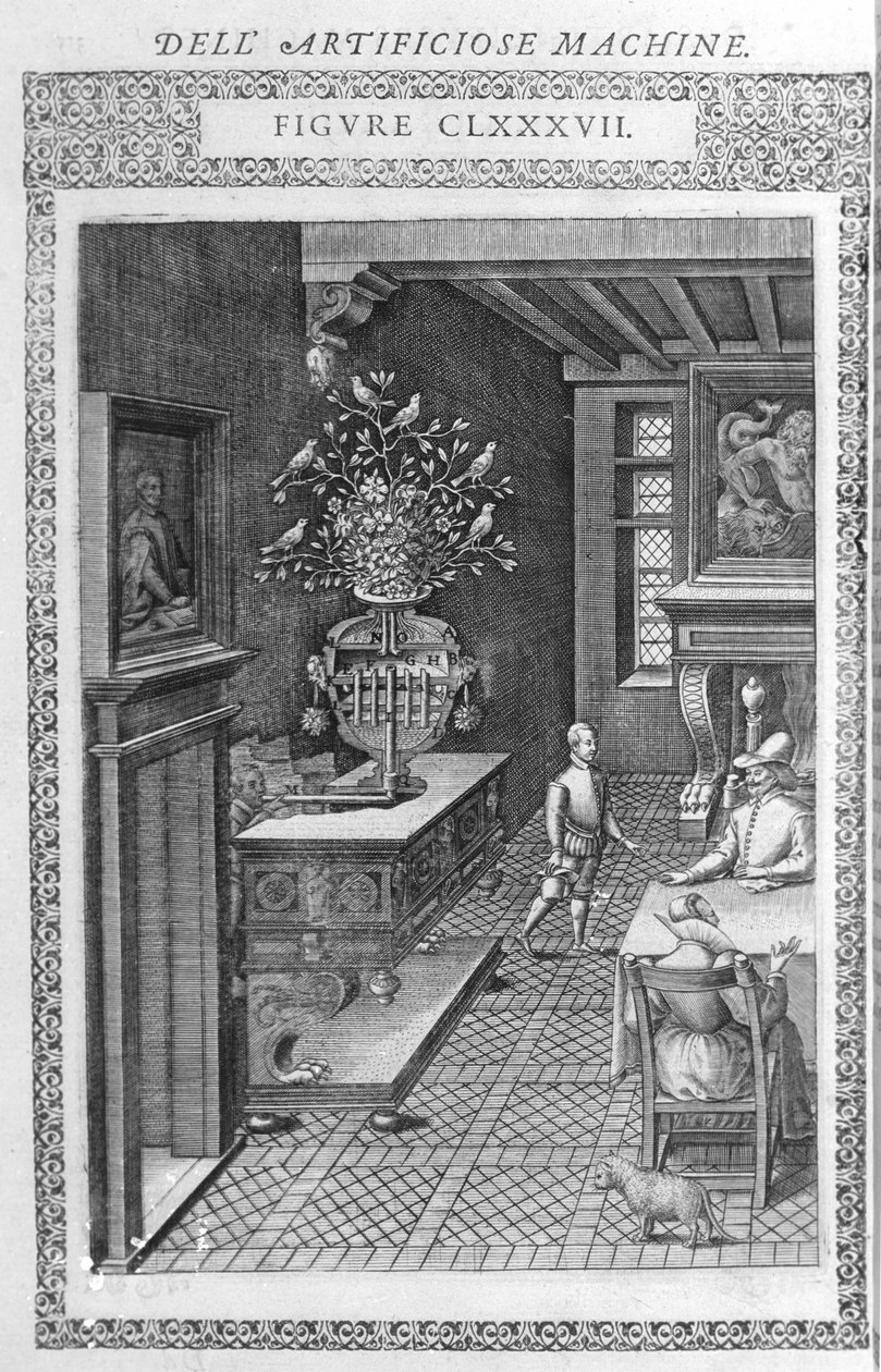 Fonte com pássaros falsos a cantar. Este é um projeto de Agostino Ramelli, segundo a "Máquina Diversa e Artificiosa". Milão 1600. de Agostino (after) Ramelli