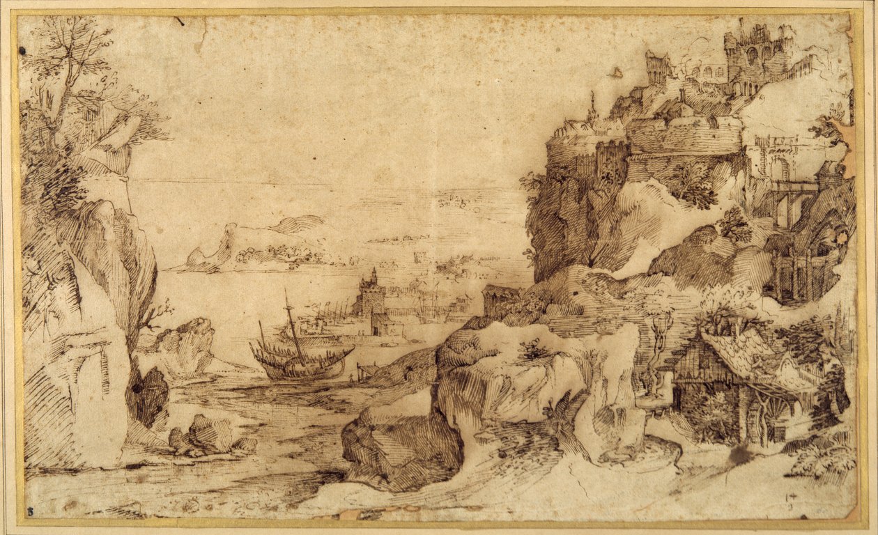 Vista para baixo de um porto fortificado (caneta e tinta castanha sobre papel) de Agostino (attr. to) Carracci