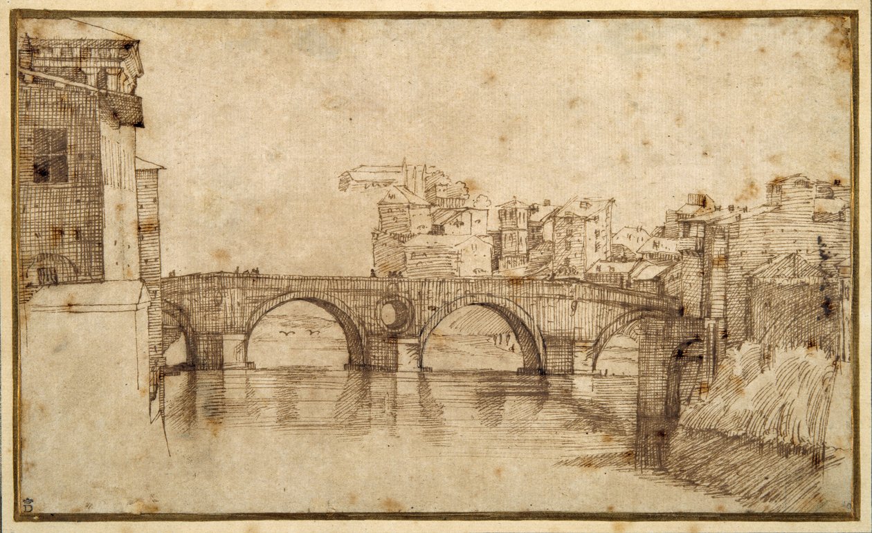 A Isola Tiberiana, Roma (caneta e tinta marrom sobre papel) de Agostino (attr. to) Carracci