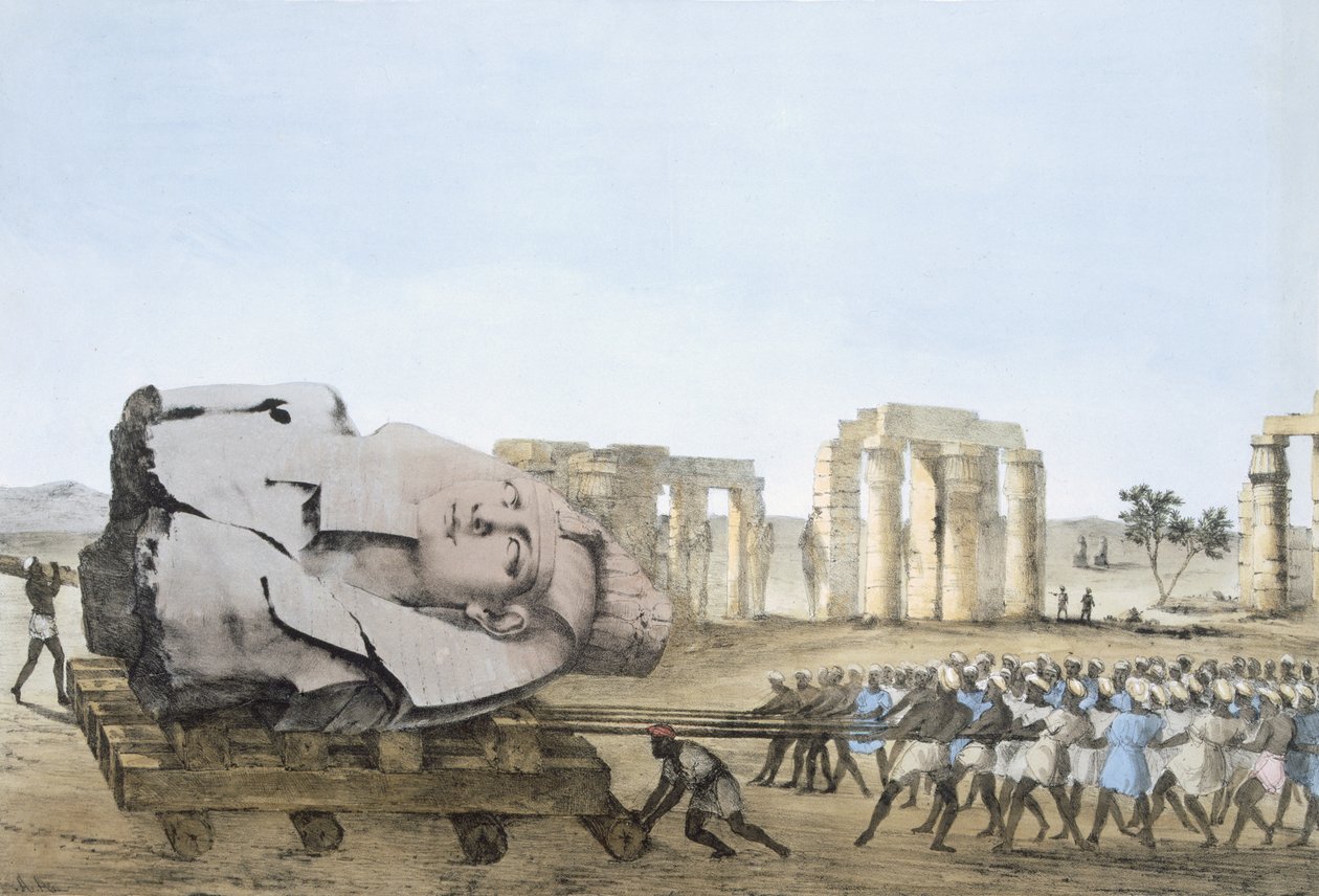 Modo em que a cabeça do Young Memnon foi retirada, de Placas ilustrativas das Investigações no Egipto e Núbia,Giovannie Battista Belzoni, Pub. 1822 (litogravura a cores) de Agostino Aglio