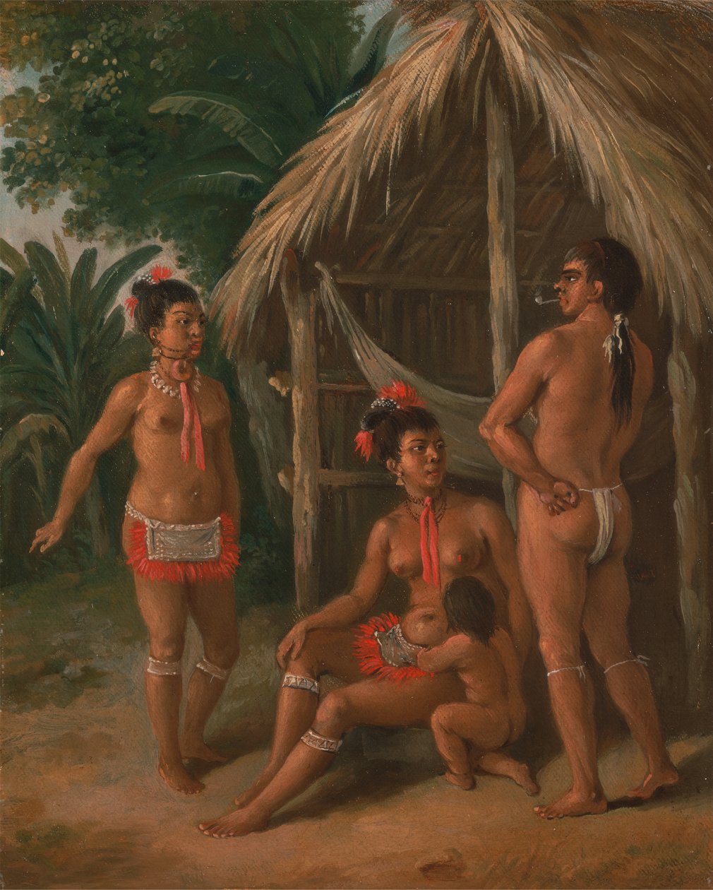Uma família caribenha das Ilhas de Sotavento fora de uma cabana, ca. 1780. de Agostino Brunias
