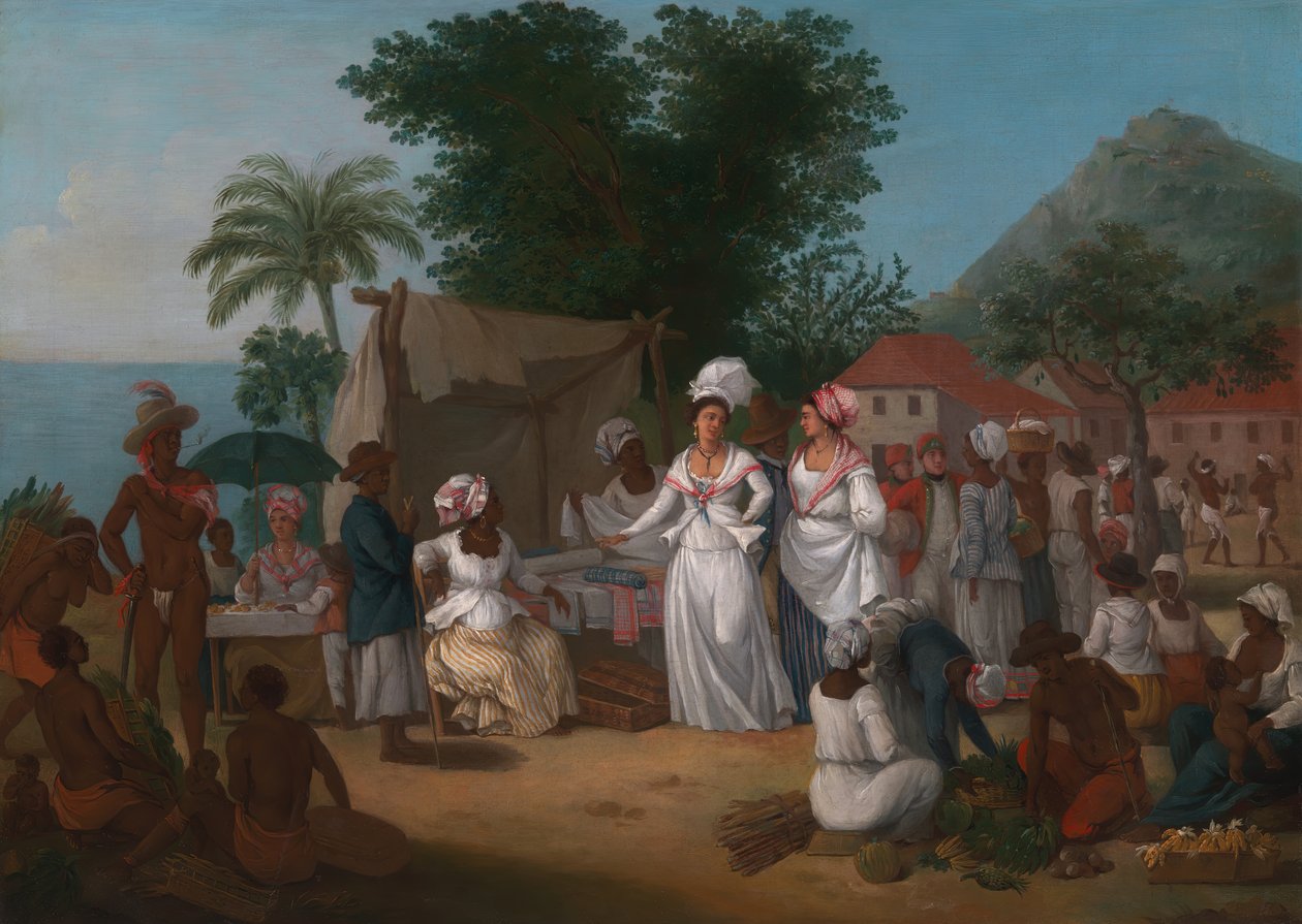 Um mercado de linho com uma barraca de linho e vendedor de legumes nas Índias Ocidentais, ca. 1780. de Agostino Brunias