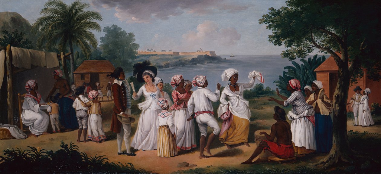 Uma Dança de Negros na Ilha da Domínica, Fort Young beyond (óleo sobre tela) de Agostino Brunias