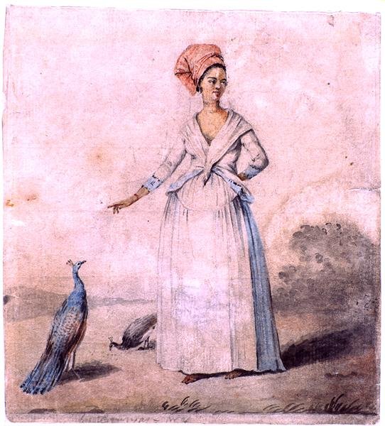 Senhora com pavão, c.1770 (tinta e lavagem em papel) de Agostino Brunias
