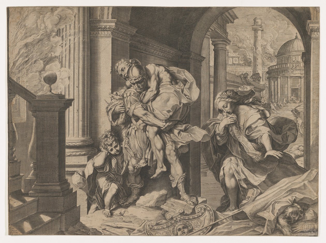 Enéias e sua família fugindo de Tróia, 1595. de Agostino Carracci