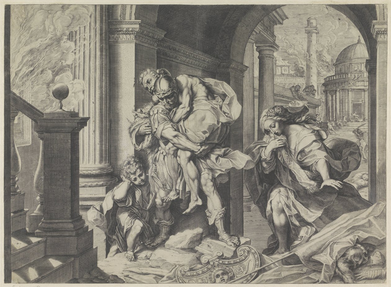 Enéas foge de Tróia com a sua família de Agostino Carracci
