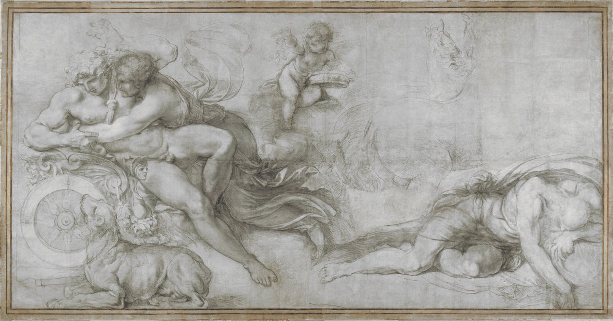 Cefalo levado por Aurora em seu Chariot Cartoon para um afresco na Galeria do Palazzo Farnese, Roma, c. 1599 de Agostino Carracci