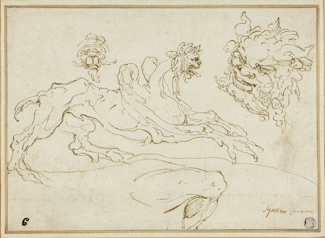 Quatro Esboços: Griffin, Grotesque Head, Head of Satyr, Bent Leg de Agostino Carracci