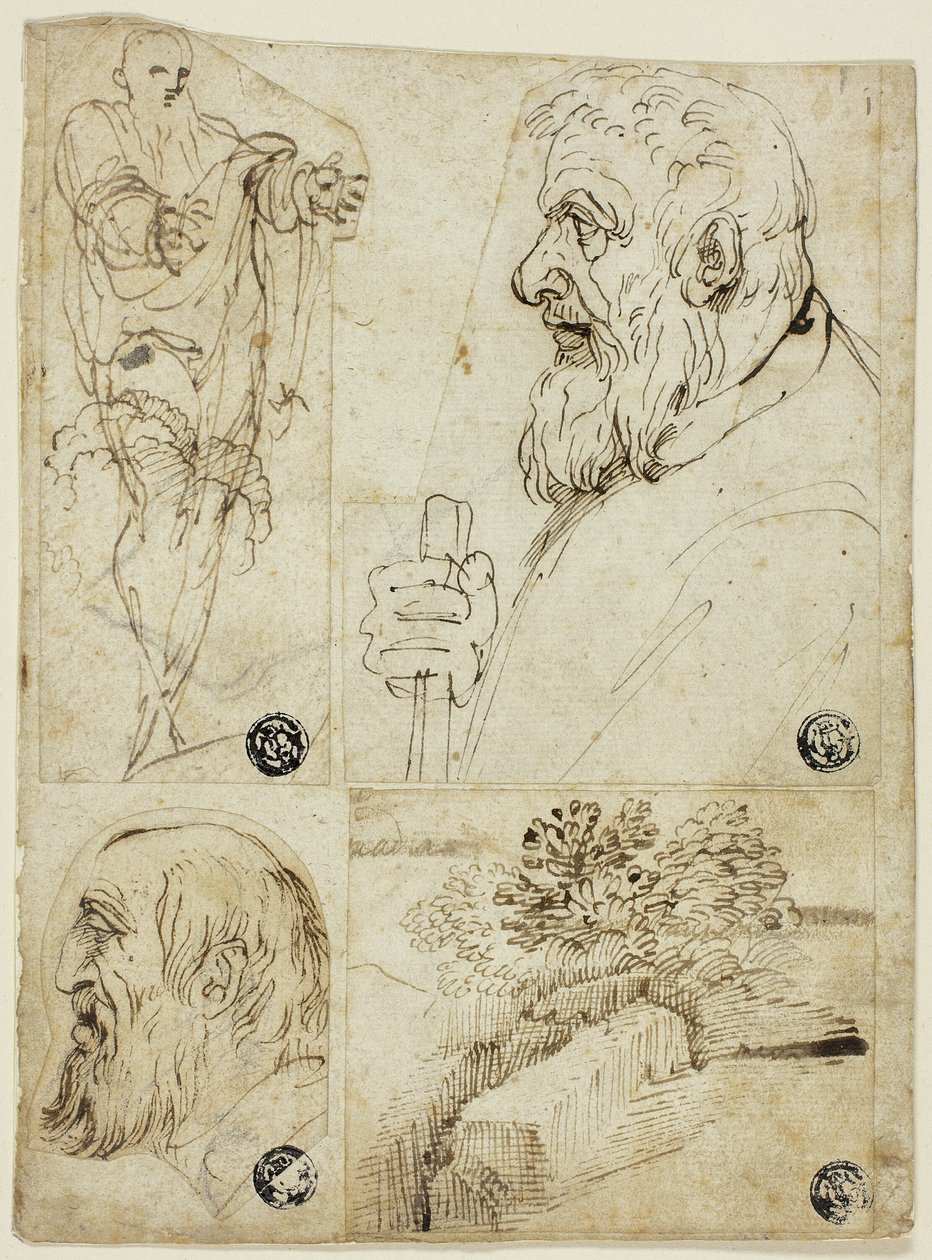 Quatro esboços: Figura masculina em pé; Busto de perfil de homem barbudo; Cabeça de perfil de homem barbudo; Paisagem de Agostino Carracci
