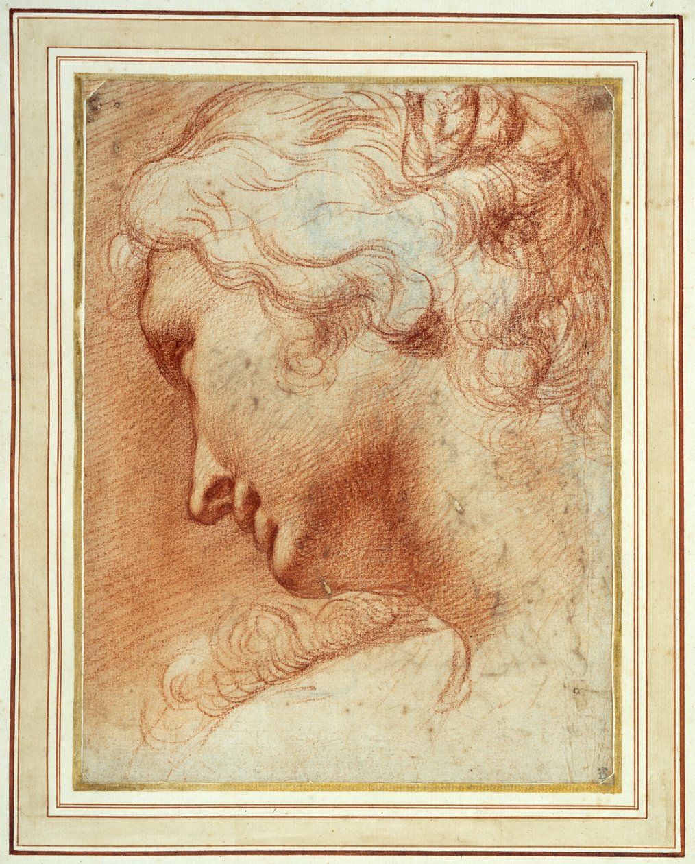 Cabeça de uma jovem mulher a olhar por cima do seu ombro direito (giz vermelho no papel) de Agostino Carracci