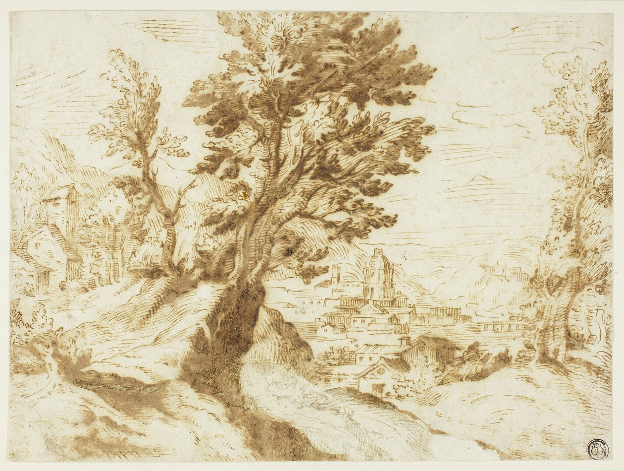 Paisagem montanhosa com cidade à distância de Agostino Carracci
