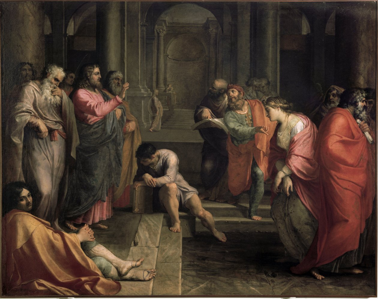 Jesus Cristo e a mulher apanhada em adultério (óleo sobre tela de Agostino Carracci