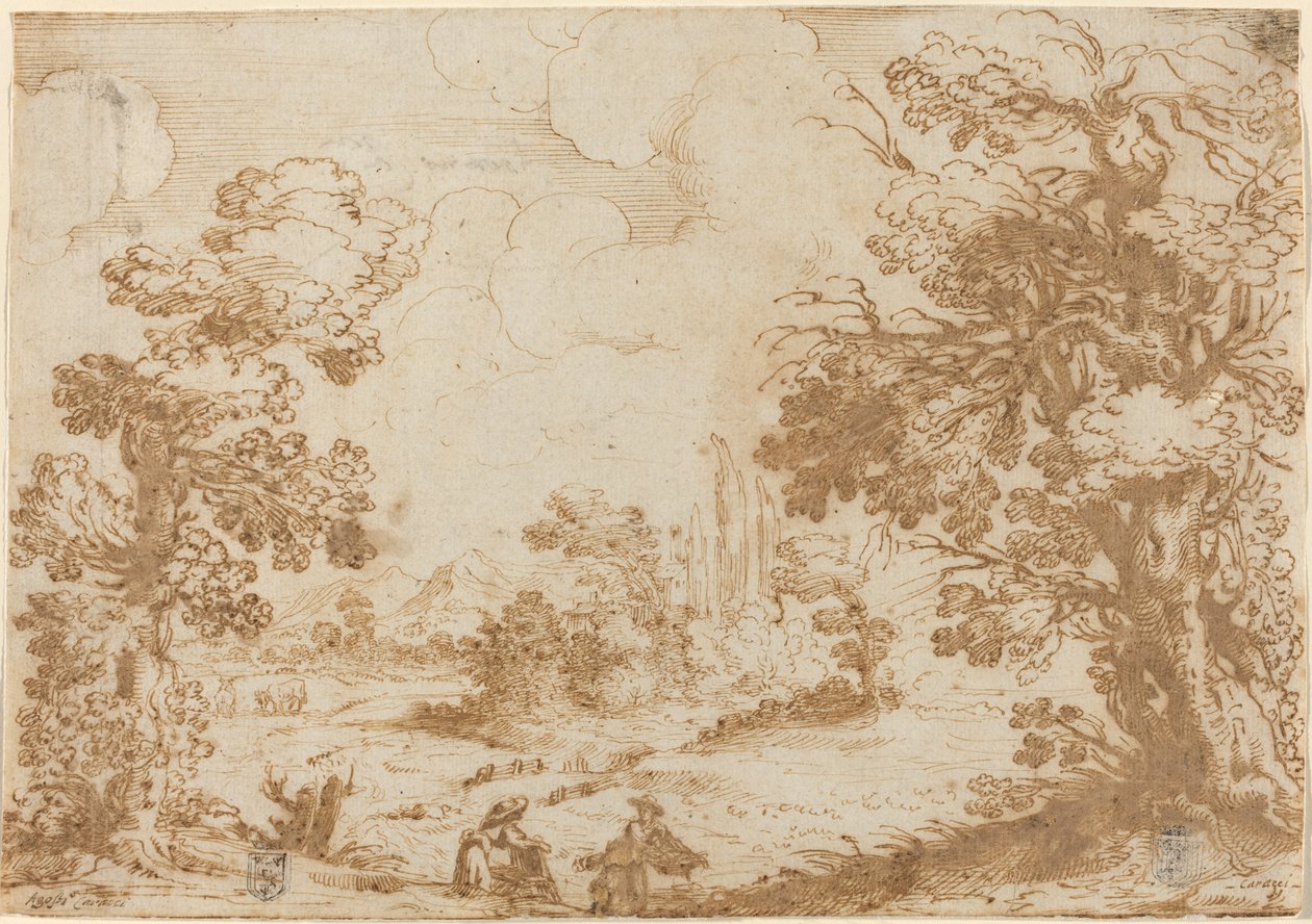 Paisagem com duas lavadeiras de Agostino Carracci
