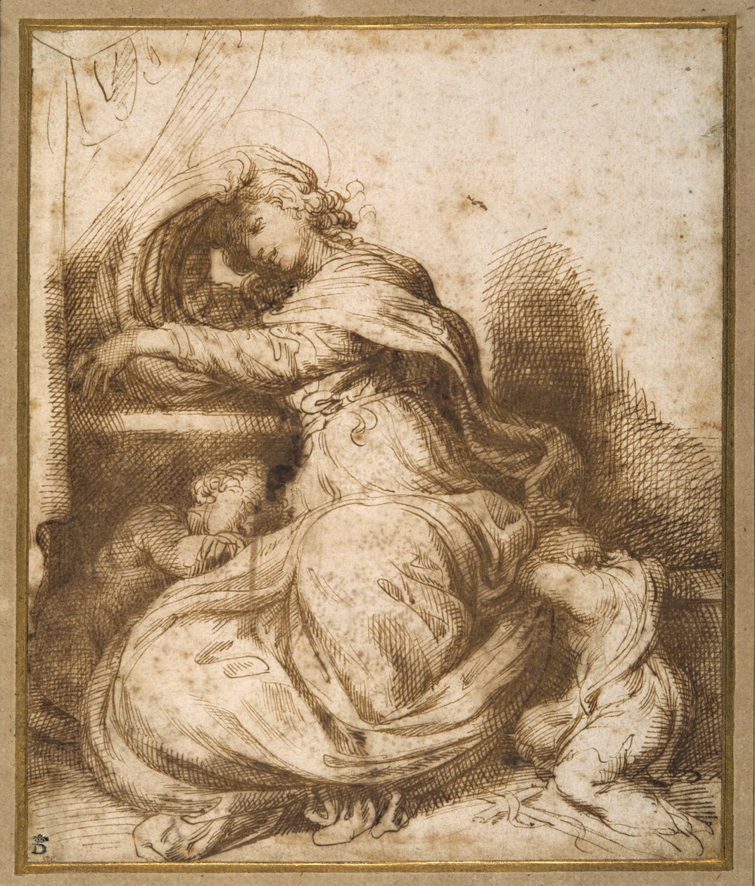 Madonna e Criança com São João, todas a dormir (caneta e tinta castanha e lavagem castanha) de Agostino Carracci
