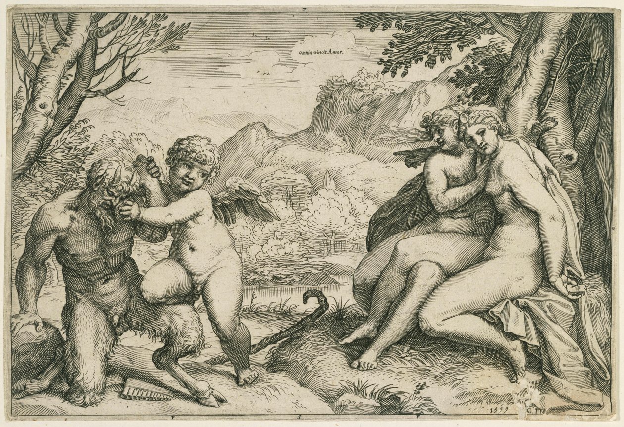 Omnia vincit Amor (O Amor domina Pan; à direita, duas ninfas debaixo de uma árvore, numa paisagem) de Agostino Carracci