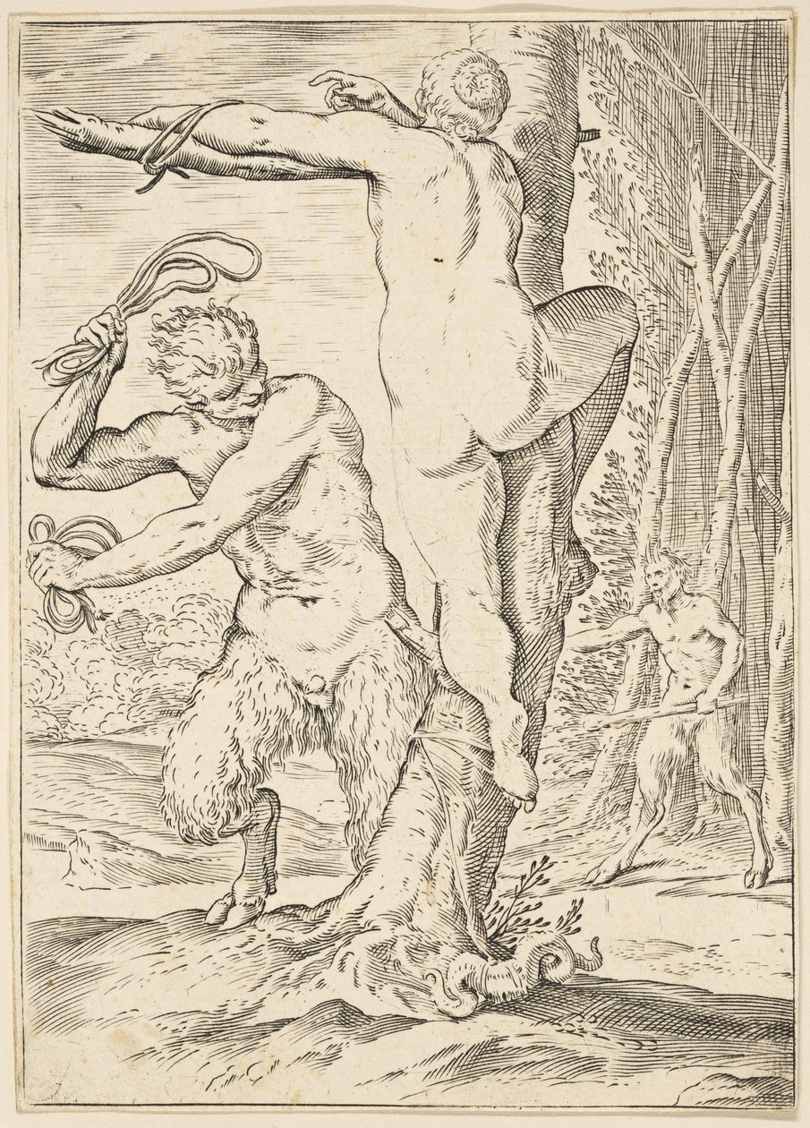 Sátiro chicoteando uma ninfa, c.1590-95 de Agostino Carracci