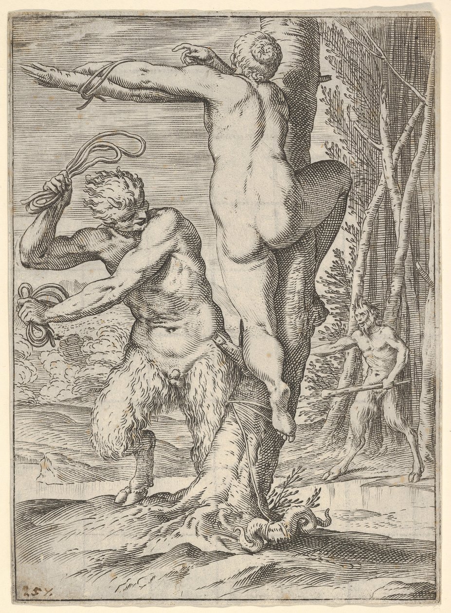 Sátiro chicoteando uma ninfa, que é mostrada por trás e amarrada a uma árvore, uma segunda saty ..., ca. 1590-95. de Agostino Carracci