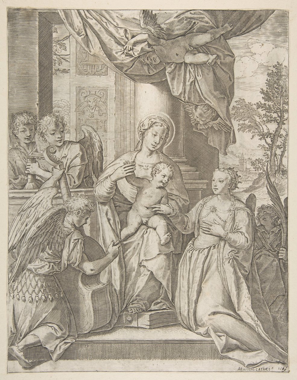 O casamento místico de Santa Catarina, que está no centro do menino Cristo, anjos com ..., 1585. de Agostino Carracci