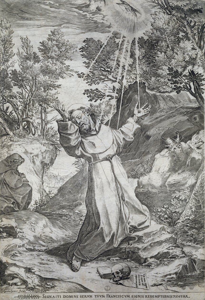 A estigmatização de São Francisco na montanha La Verna (1224) de Agostino Carracci