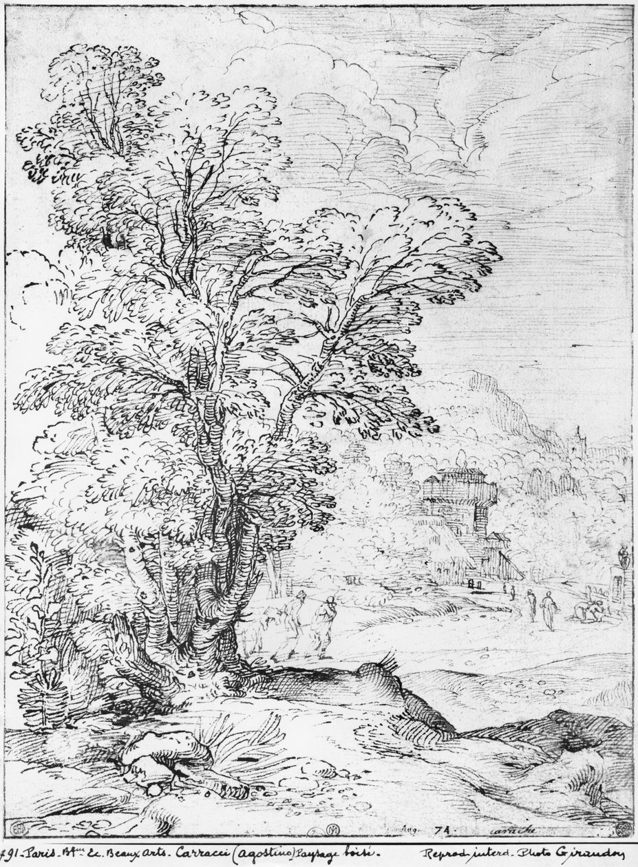 Paisagem arborizada (caneta e tinta no papel) (foto bw) de Agostino Carracci