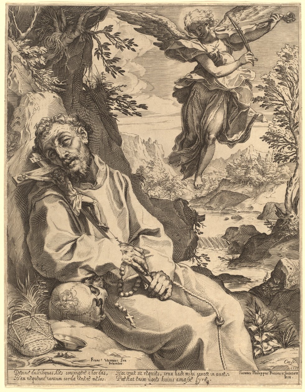 São Francisco consolado pelo anjo musical de Agostino Carracci after Francesco Vanni