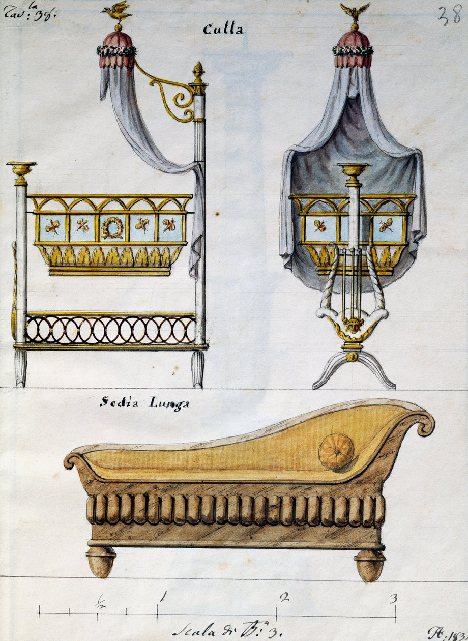 Cama e sofá de bebé, de Lavori di falegname e Fabbro ideati e disegnati da me Agostino Fantastici (Obras de carpinteiro e serralheiro concebidas e desenhadas por mim Agostino Fantastici), manuscrito 3, prato 38 de Agostino Fantastici