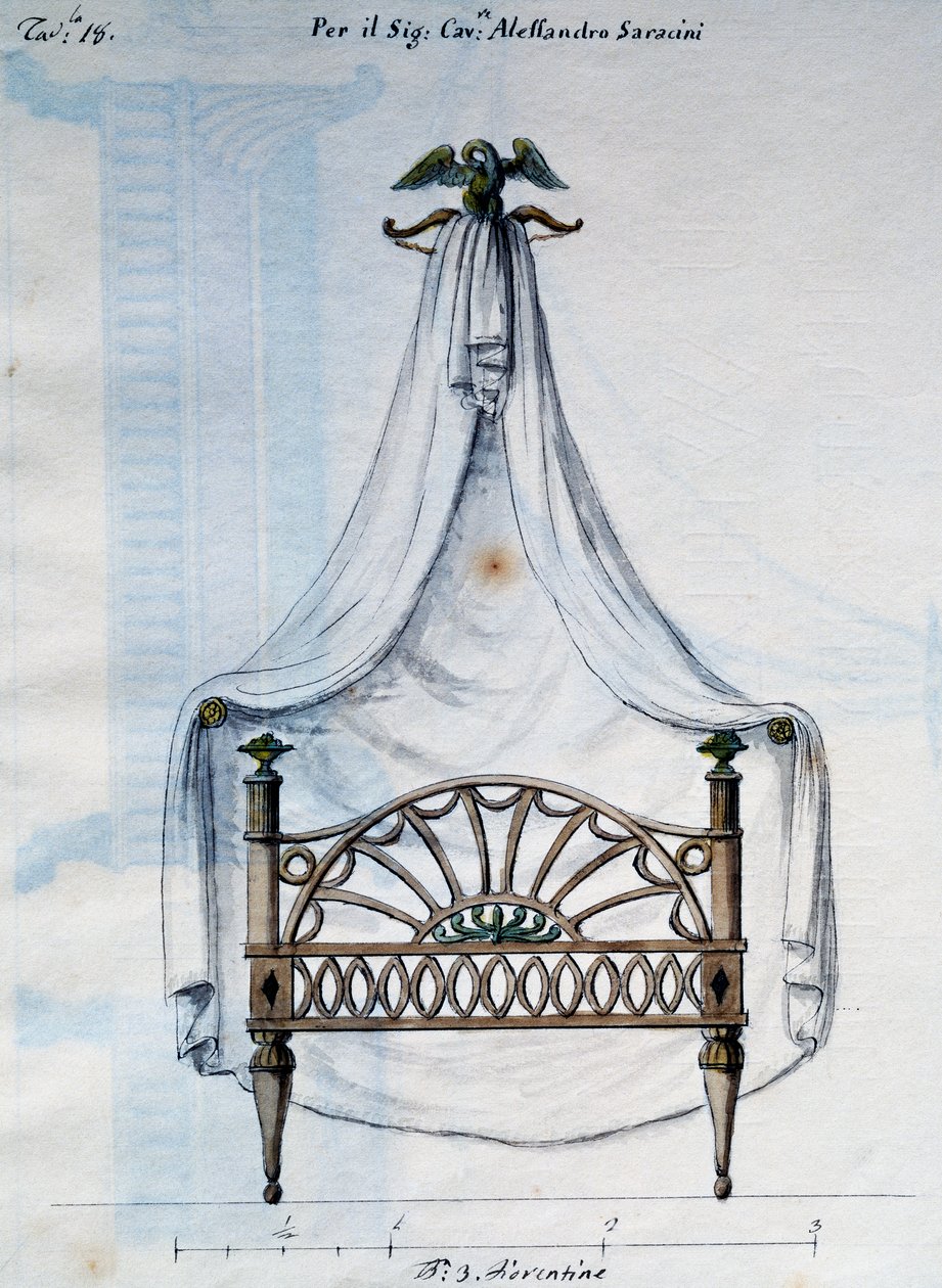 Canopy cama para Alexander Saracens, de Lavori di falegname e Fabbro ideati e disegnati da me Agostino Fantastici (Obras de carpinteiro e serralheiro concebidas e desenhadas por mim Agostino Fantastici), manuscrito 3, placa 18 (1782-1845) de Agostino Fantastici