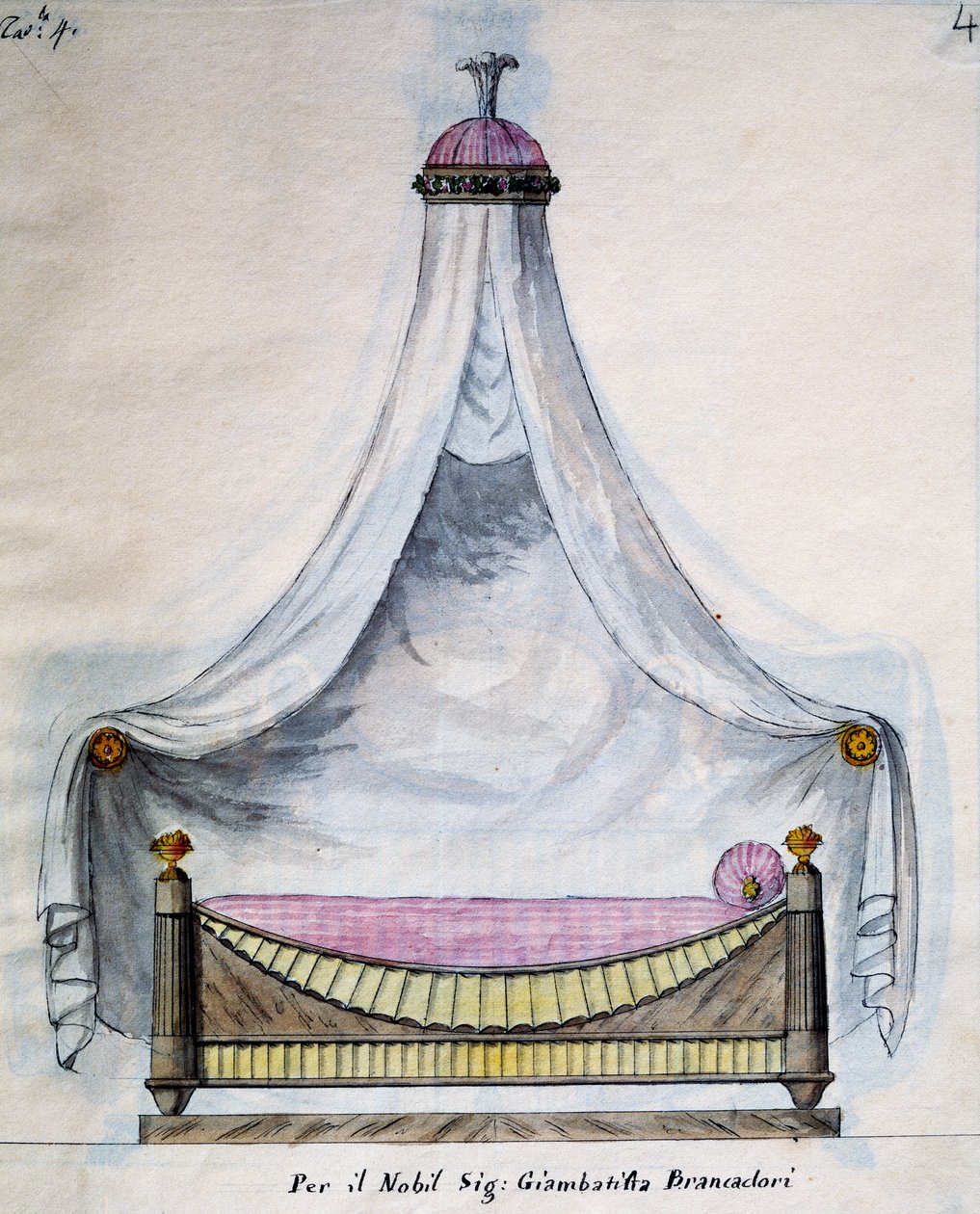 Canopy cama para o Sr. Brancadori, de Lavori di falegname e Fabbro ideati e disegnati da me Agostino Fantastici (Obras de carpinteiro e serralheiro concebidas e desenhadas por mim Agostino Fantastici), manuscrito 3, placa 4 (1782-1845) de Agostino Fantastici