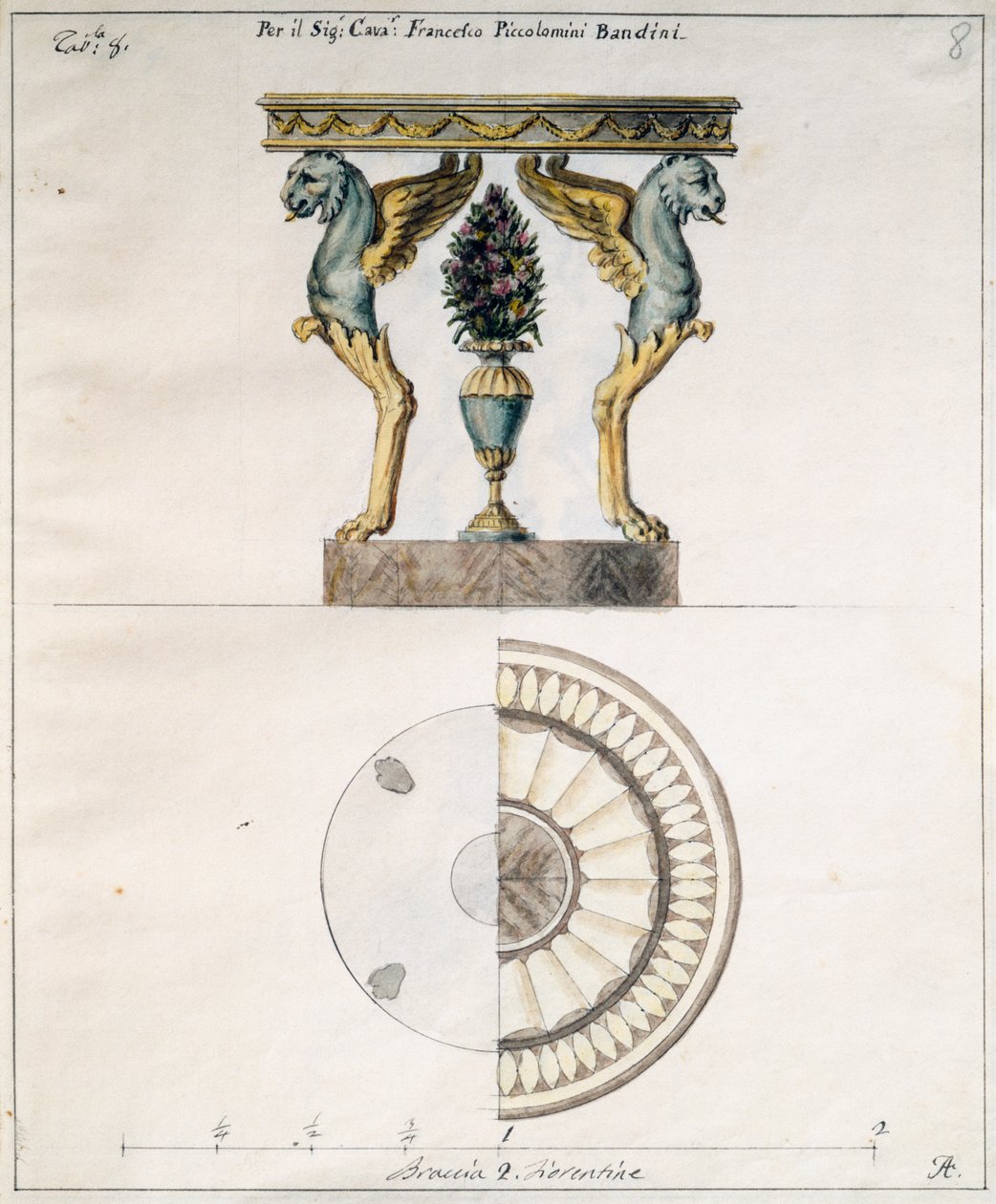 Mesa de centro desenhada por Agostino Fantastici (1782-1845) para Francesco Piccolomini Bandini, desenho, Itália de Agostino Fantastici