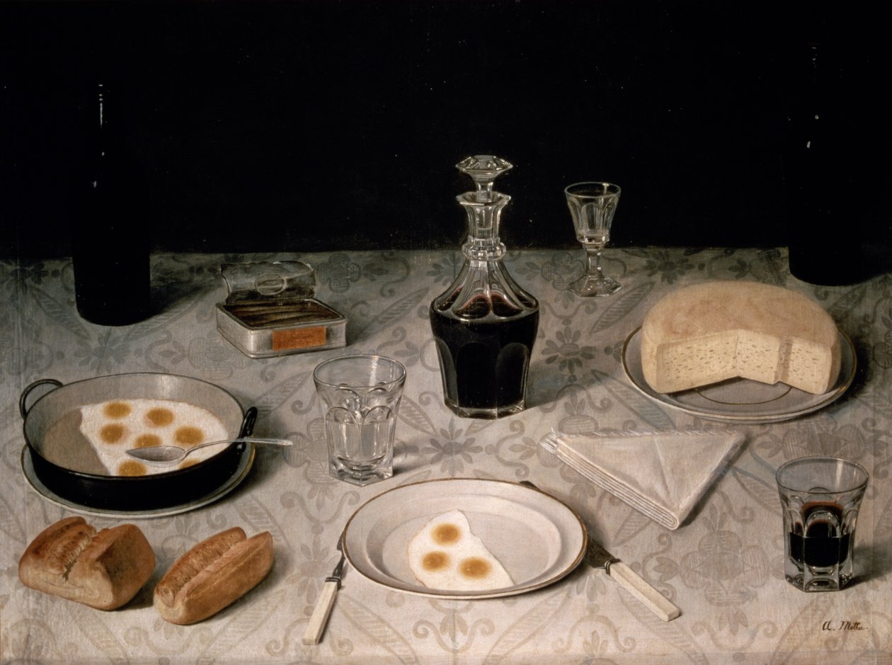 Natureza Morta com Ovos, Pão, Queijo e Vinho (óleo sobre tela) de Agostino Jose da Mota