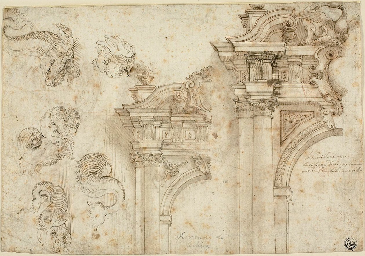 Folha de Esboços: Monstros Marinhos e Portais Elaborados (reto); Esboços de detalhes arquitetônicos (verso) de Agostino Mitelli