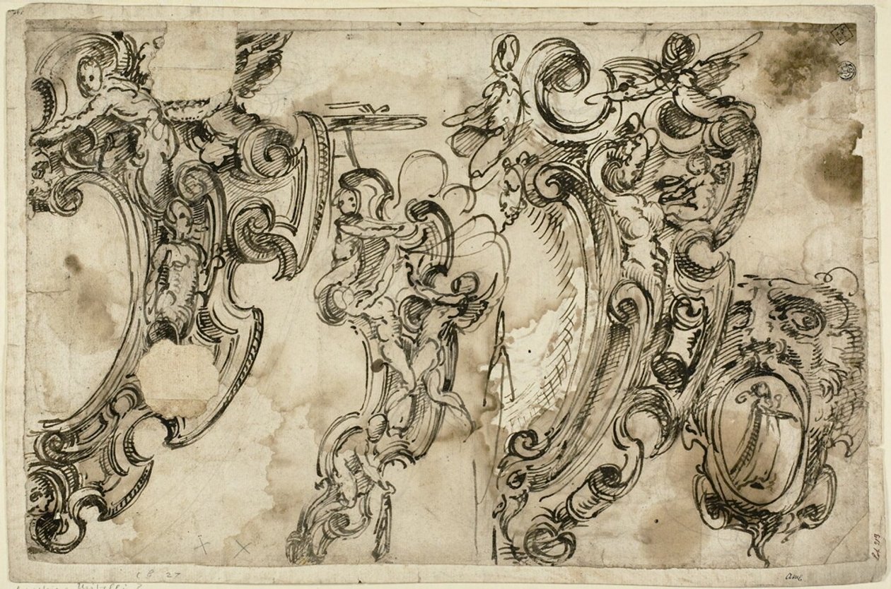 Esboços de motivos decorativos (frente); Esboço de motivo decorativo (verso) de Agostino Mitelli
