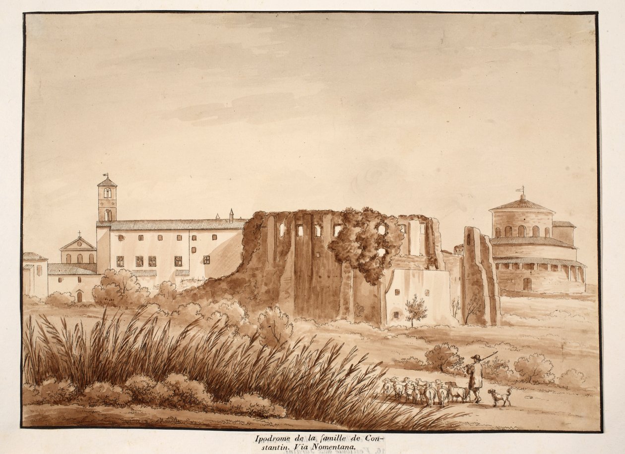 Hipódromo da família de Constantino, Via Nomentana, 1833 (gravura com lavagem marrom) de Agostino Tofanelli