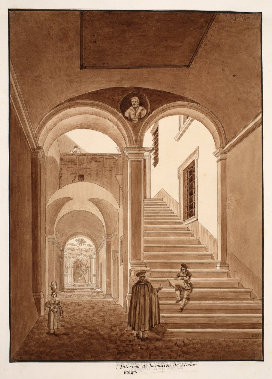 Interior da Casa de Michelangelo, 1833 (gravura com lavagem marrom) de Agostino Tofanelli