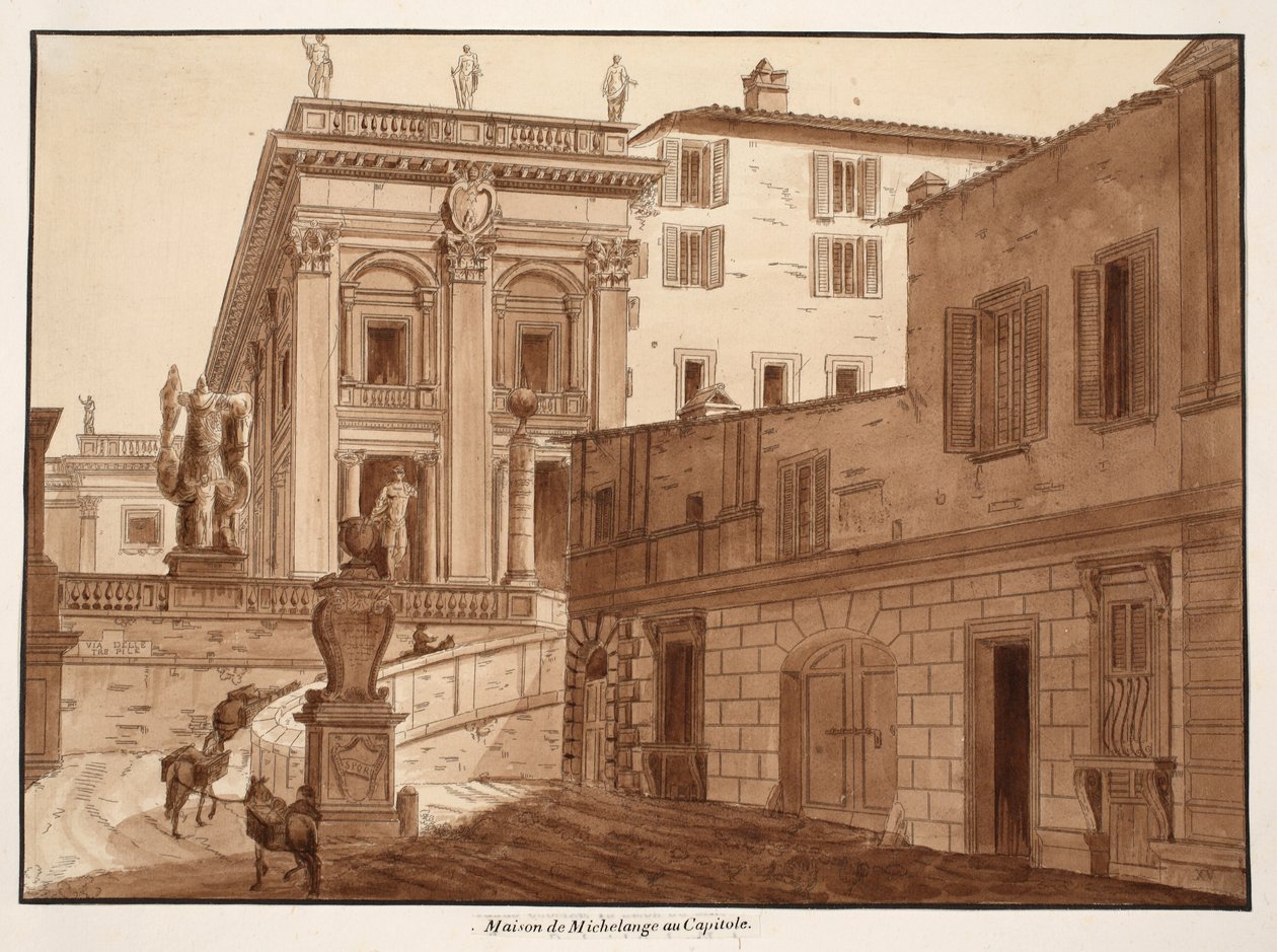 Casa de Michelangelo no Capitólio, 1833 (gravura com lavagem marrom) de Agostino Tofanelli