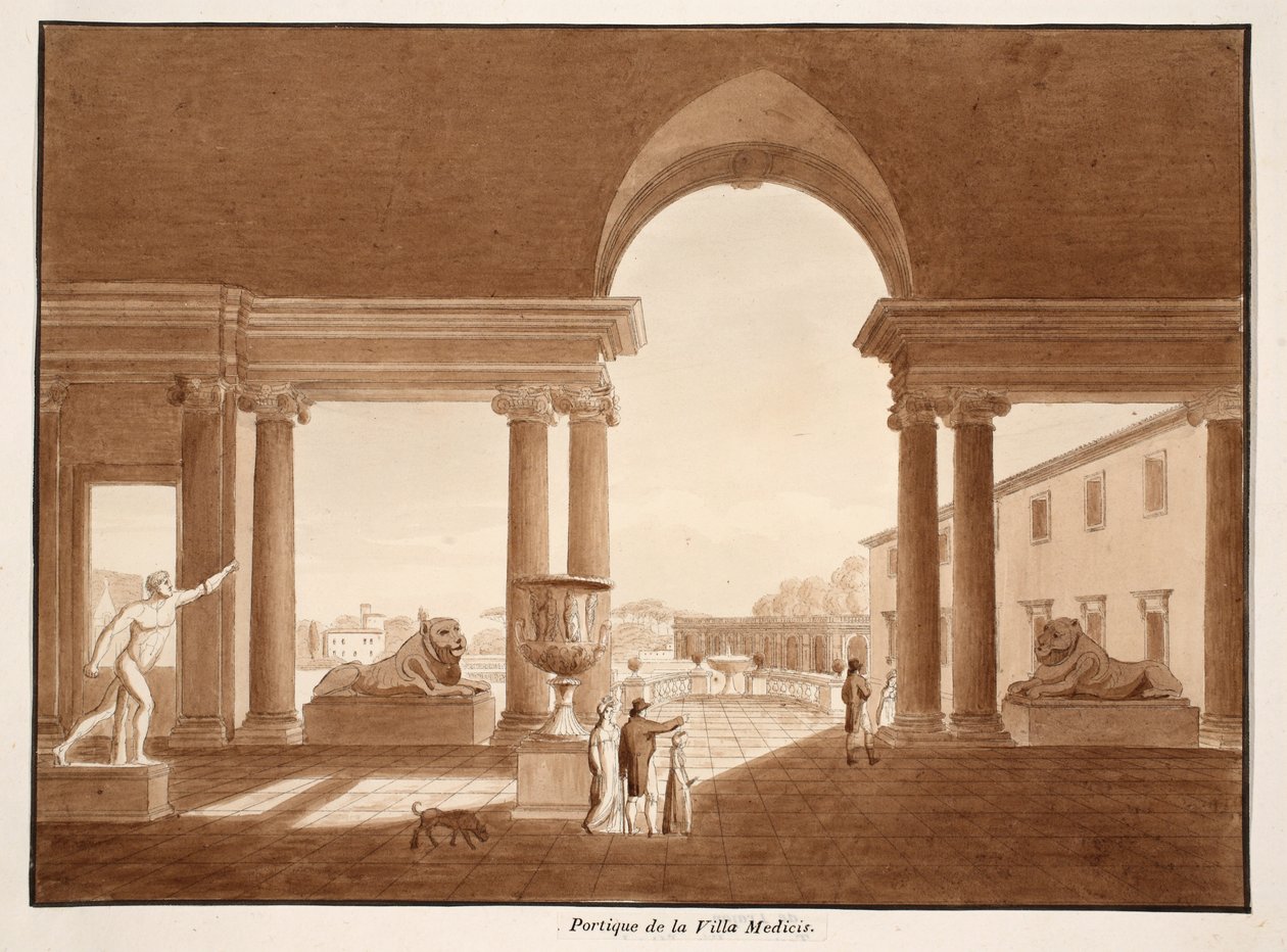 Pórtico da Villa Medici, 1833 (gravura com lavagem marrom) de Agostino Tofanelli