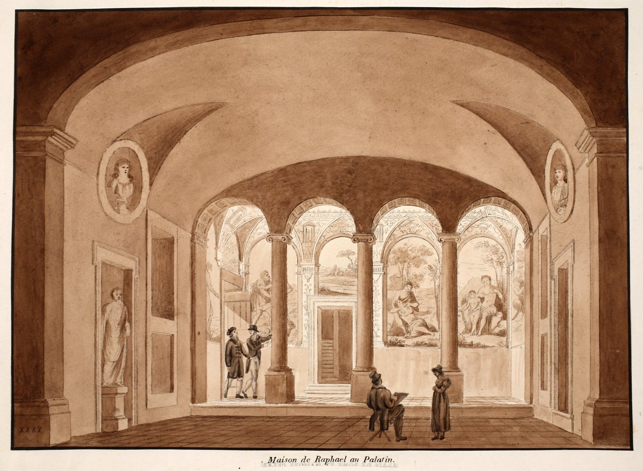 Casa de Rafael no Palatino, 1833 (gravura com lavagem marrom) de Agostino Tofanelli