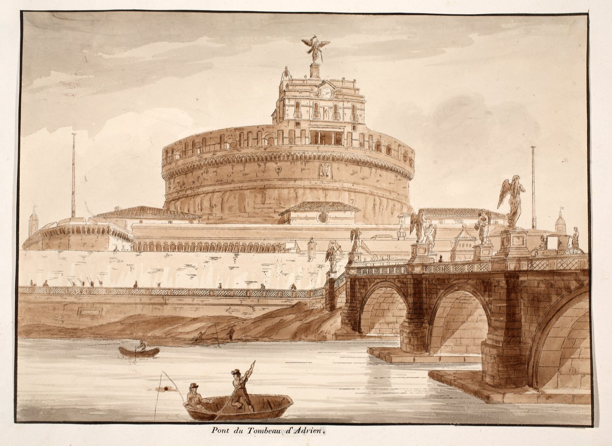 A ponte do túmulo de Adriano, 1833 (gravura com lavagem marrom) de Agostino Tofanelli