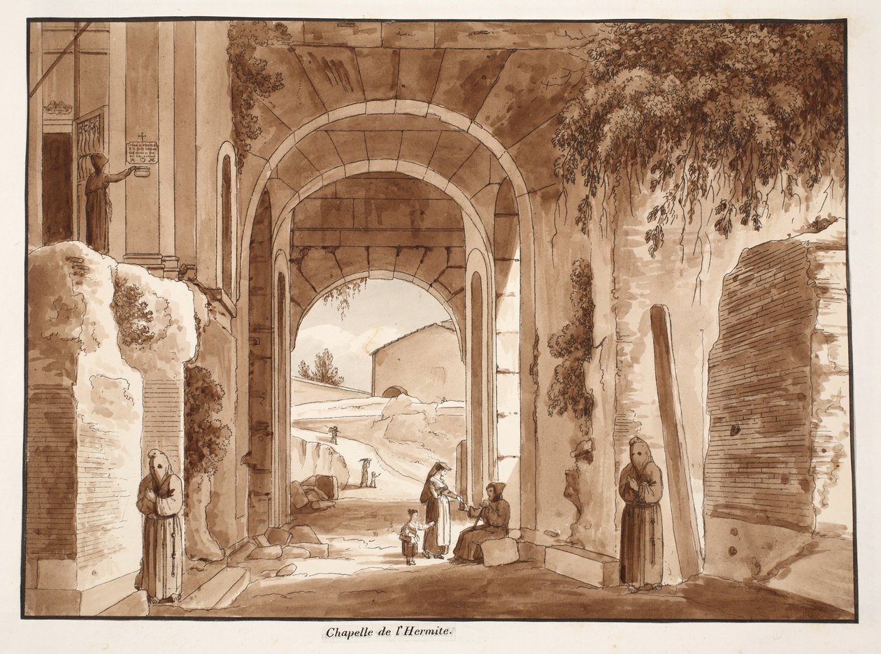 A capela do eremita no Coliseu, 1833 (gravura com lavagem marrom) de Agostino Tofanelli