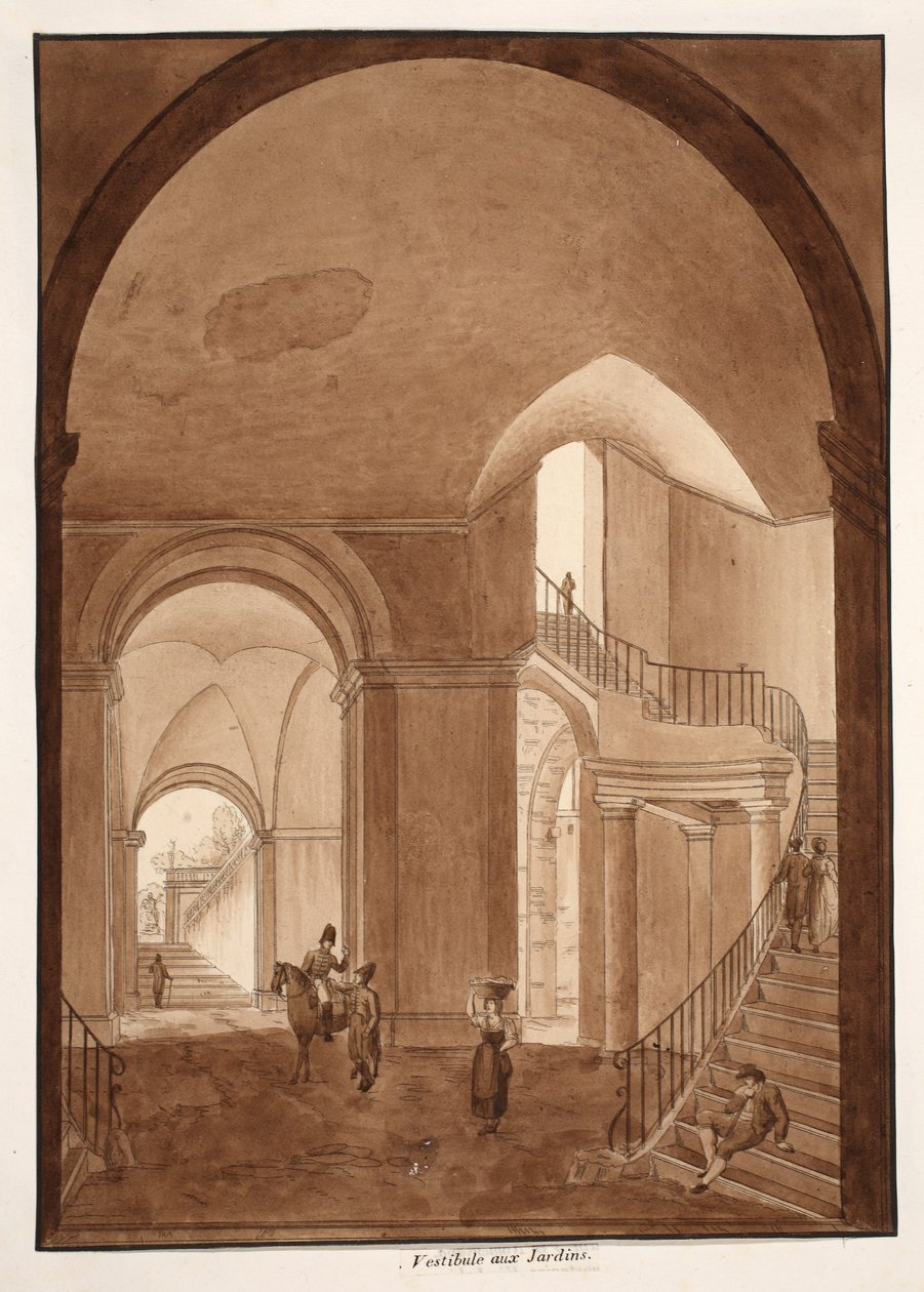 O Vestíbulo de Jardins do Palazzo Caetani all&39;Orso, 1833 (gravura com lavagem marrom) de Agostino Tofanelli