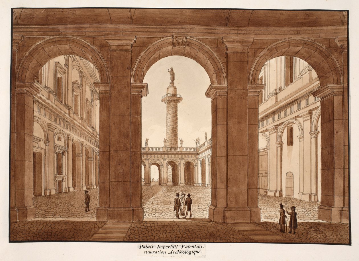 O Palazzo Imperiali Valentini. Restauração Arqueológica., 1833 (gravura com lavagem castanha) de Agostino Tofanelli