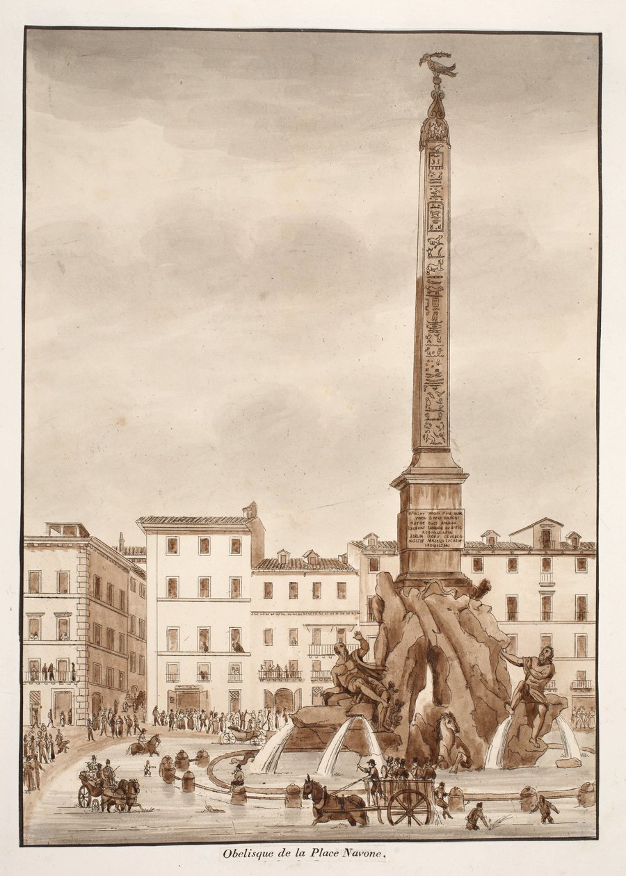 Obelisco da Piazza Navona, 1833 (gravura com lavagem marrom) de Agostino Tofanelli