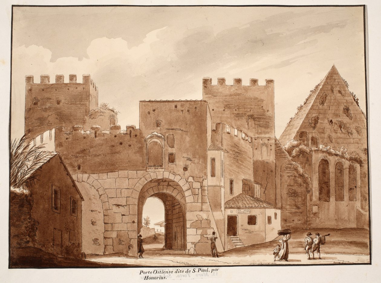 A Porta Ostiensis ou San Paolo, construída por Honorius, 1833 (gravura com lavagem marrom) de Agostino Tofanelli