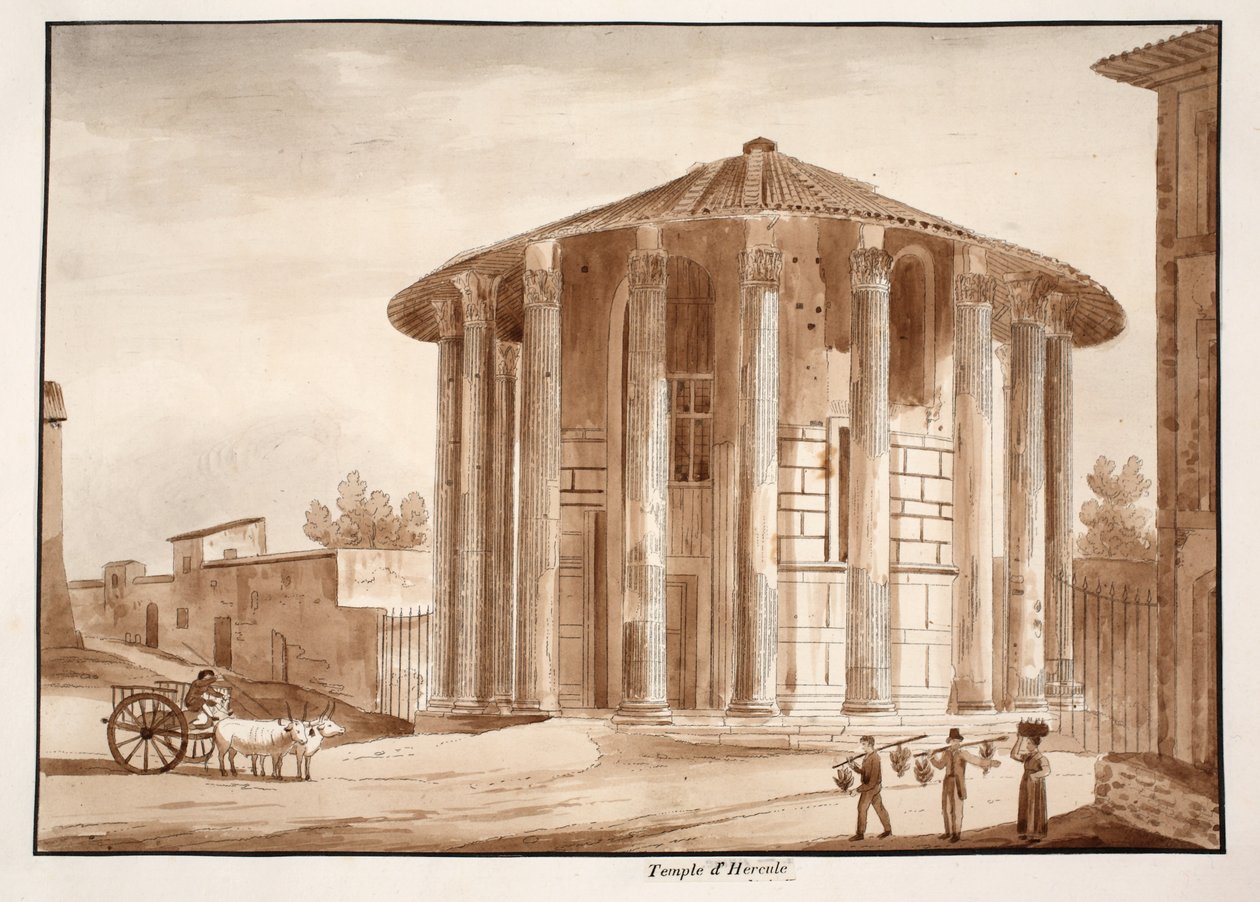 O Templo de Hércules Victor, 1833 (gravura com lavagem marrom) de Agostino Tofanelli